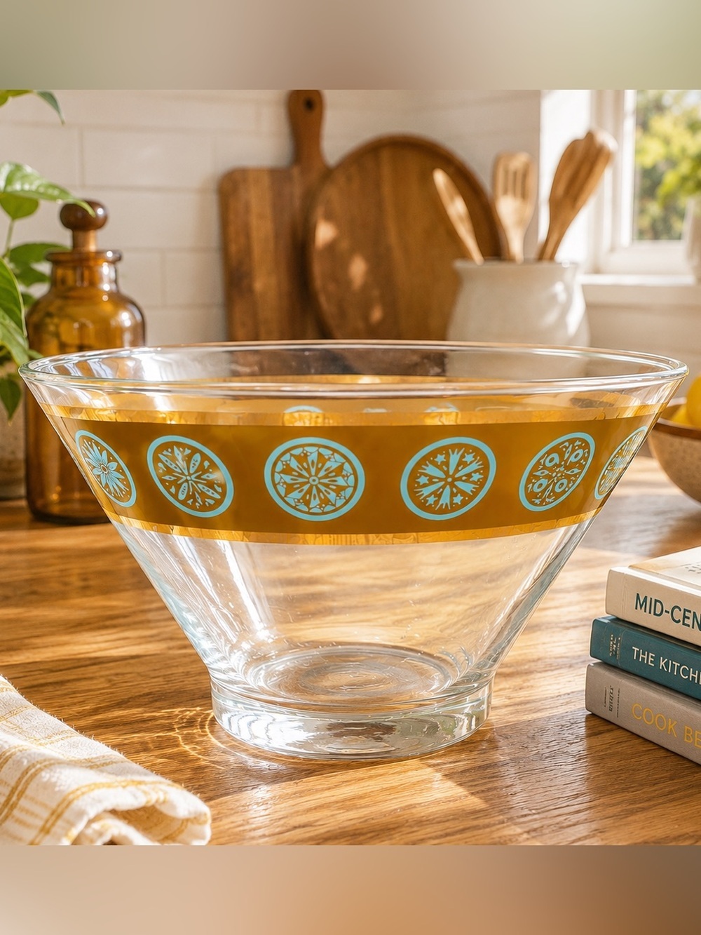 Vintage Culver Mid-Century Modern Glass Serving Bowl Gold & Teal Atomic Patter